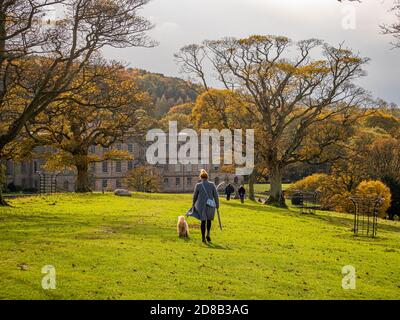 Vue arrière d'une jeune femme marchant son chien vers la maison à Lyme Park. Stockport. Banque D'Images