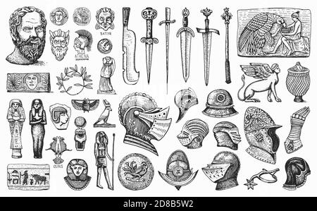 Éléments anciens. Armes et armure de Knightly. Vases égyptiens, momie et sarcophage. Statues anciennes et Épées. Inventaire du musée. Esquisse dessinée à la main Illustration de Vecteur