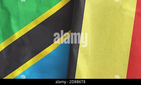 La Belgique et la Tanzanie deux drapeaux textile tissu rendu 3D Banque D'Images