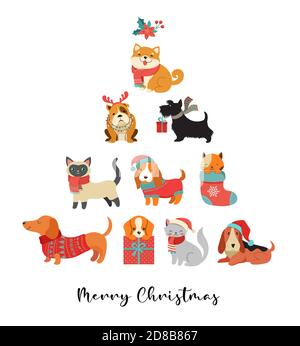 Collection de chats et de chiens de Noël, Merry Christmas illustrations d'animaux de compagnie mignons avec des accessoires comme des chapeaux tricotés, des chandails, des foulards Illustration de Vecteur