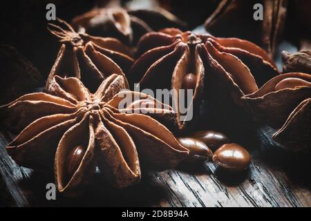 fruits aromatiques à l'anis étoilé et graines éparpillées sur le bois de merde surface Banque D'Images