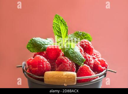 framboises mûres servies dans un seau gris sur fond rose comme dessert de saison sain Banque D'Images