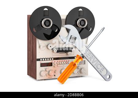 Réparation et service d'un magnétophone rétro bobine à bobine, rendu 3D isolé sur fond blanc Banque D'Images