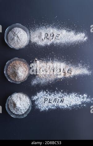 farines pour faire du pain dans des tasses en verre: seigle, blé complet, farine ordinaire ou polyvalente ou forte disposée sur fond gris Banque D'Images