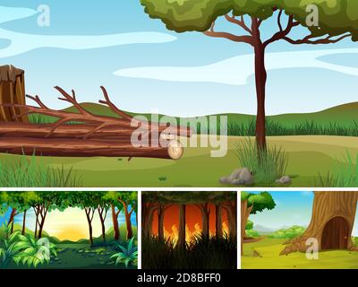 Quatre différentes scènes de catastrophes naturelles de style caricature de forêt Illustration de Vecteur