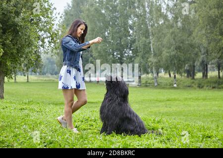 Une jeune femme forme le briard noir pendant que le chien marche en plein air. Banque D'Images