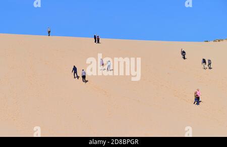 Empire, Michigan, États-Unis. Éclipsé par la taille de l'obstacle et l'abondance du sable, les gens escalades les dunes au Sleeping Bear Dunes National Lakeshore. Banque D'Images