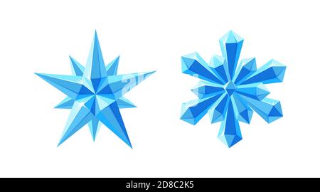 Étoile en cristal et flocon de neige aux facettes étincelantes. Ensemble chatoyant avec flocon de neige bleu et étoile de pierres en cristaux isolés sur fond blanc Illustration de Vecteur