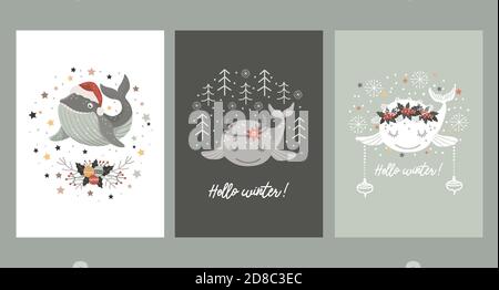 Ensemble de cartes de noël isolées avec petit rorqual en chapeau de père noël, en couronne de bouquet d'hiver et avec bois de cerf . Illustration vectorielle Illustration de Vecteur