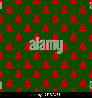 arbres de noël géométriques rouges sur fond vert. Motif brillant, géométrique et symétrique sans couture dans la palette classique du nouvel an. Fond de noël vectoriel, boîtes-cadeaux, rubans de Noël, cartes. Illustration de Vecteur