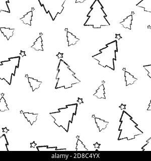 Motif de Noël sans couture. Charbonniers dessinés à la main avec contour noir arbres de noël isolés sur blanc. Illustration vectorielle pour l'emballage, l'emballage, la bannière, la carte, le textile. Style scandinave minimaliste Illustration de Vecteur