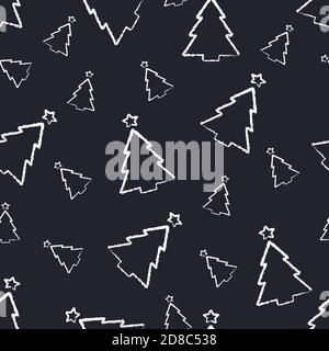 Arbres de Noël simplifiés dessinés à la main dans une craie sur fond noir. Motif vectoriel sans couture. Design d'emballage, textile, cartes, décoration, style scandinave minimaliste Illustration de Vecteur