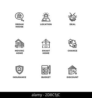 Ensemble vectoriel d'éléments de conception, modèle de conception de logo, icônes et badges pour l'immobilier. Jeu d'icônes de ligne, contour modifiable. Illustration de Vecteur