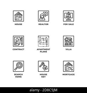 Ensemble vectoriel d'éléments de conception, modèle de conception de logo, icônes et badges pour l'immobilier. Jeu d'icônes de ligne, contour modifiable. Illustration de Vecteur