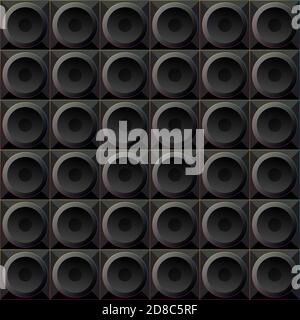 des cercles noirs à motif sans couture sur des carrés noirs dans un cadre éclatant d'arc-en-ciel, des subwoofers stylisés pour enceintes disco. texture noire sur fond de thème des équipements de musique technique pour les boîtes de nuit Illustration de Vecteur