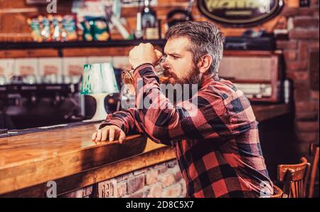 Durée de la bière. L'homme boit des bières au comptoir du bar. Les gens, le style de vie, les loisirs. Homme avec de la bière. L'hipster barbu contient un verre de bière. Brasserie Banque D'Images