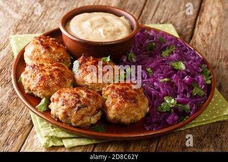 Frikadeller sont des boulettes de viande danoises faites de veau et de porc avec une sauce crémeuse et ragoût de chou rouge dans la plaque sur la table. Horizontal Banque D'Images