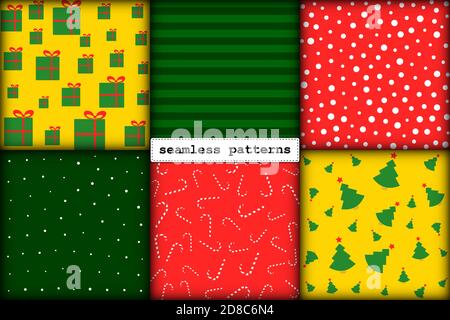 Ensemble de Noël minimaliste sans couture avec motifs dessinés à la main dans une palette traditionnelle de couleurs rouge vert doré festive. Illustration sans fin pour l'emballage emballage cartes papier boîtes-cadeaux Illustration de Vecteur