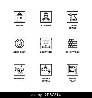 Ensemble vectoriel d'éléments de conception, modèle de conception de logo, icônes et badges pour la construction. Jeu d'icônes de ligne, contour modifiable. Illustration de Vecteur