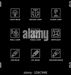 Ensemble vectoriel d'éléments de conception, modèle de conception de logo, icônes et badges pour les lumières. Jeu d'icônes de ligne, contour modifiable. Illustration de Vecteur