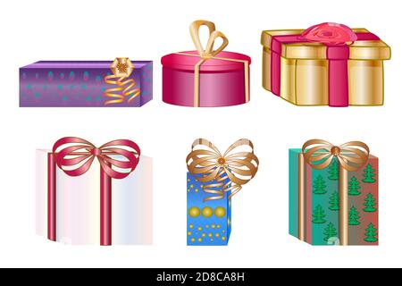 Ensemble de différentes boîtes-cadeaux isolées sur fond blanc. Collection de boîtes cadeau colorées avec noeuds et rubans.cadeaux vue latérale.vecteur de stock Illustration de Vecteur