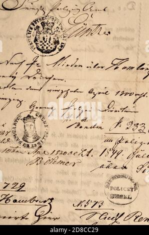 Document allemand : passeport prussien (1848/49) avec timbres-frontières Banque D'Images