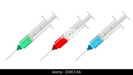 Un jeu de seringues avec différents liquides et médicaments. Icônes de seringue de style plat avec médecine bleue, rouge et verte. Illustration de Vecteur