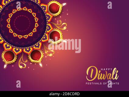 Bonne célébration de Diwali. Vue de dessus de la bannière décorée avec des lampes à huile illuminées sur un arrière-plan élégant à motifs. Vector illustrati Illustration de Vecteur
