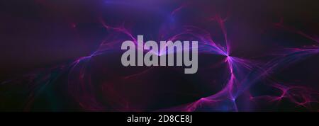 Image de vue panoramique horizontale d'arrière-plan fractal abstrait. Éclairs violet et bleu sur fond sombre Banque D'Images