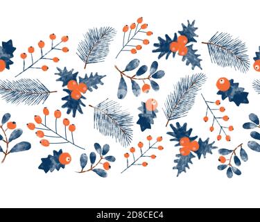 Guirlandes de Noël avec bordure sans couture. Fleurs de Noël bleu et rouge horizontales répétées à la main aquarelle avec branches et Banque D'Images