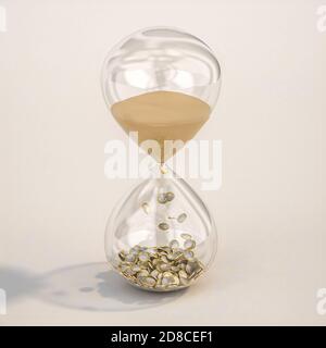 hourglass avec sable et pièces en euros, temps et argent concept. rendu 3d. Banque D'Images