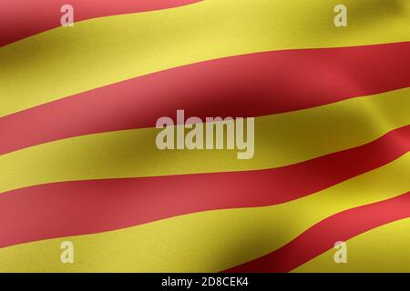 Rendu 3d d'un drapeau de la Communauté espagnole de Catalogne en vase clos. Banque D'Images