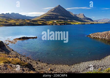 fjord Berufjordur et Godaborg montagne, Islande, Teigarhorn Banque D'Images