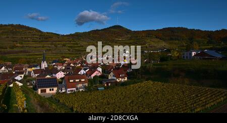 Vue panoramique dans la lumière automnale de l'après-midi du petit village Bickensohl situé à Kaiserstuhl, Allemagne. Banque D'Images