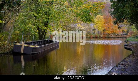 Couleurs d'automne et barge sur le canal étroit de Huddersfield Uppermill à Dobcross section, Saddleworth, Oldham, Angleterre, Royaume-Uni Banque D'Images