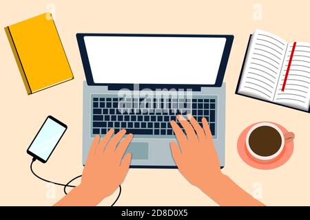 Lieu de travail indépendant. Bureau à domicile. Un gros plan pour la conception de sites Web. Technologie de l'éducation. Conférence en ligne. Enseignement à distance. Écran de l'ordinateur Illustration de Vecteur