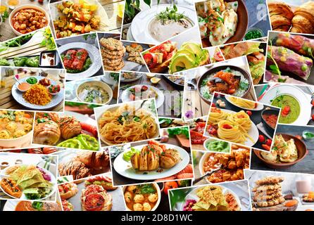 Collage de nombreux petits déjeuners, déjeuners et en-cas populaires dans le monde entier. Collage de différents assortiments d'aliments. Banque D'Images