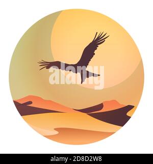 Un grand oiseau de proie survole les dunes. Le soleil derrière l'oiseau le paysage des pays tropicaux. Sable du désert. Image stylisée minimaliste en couleur dans Illustration de Vecteur