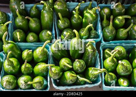 Regarder vers le bas sur des punnets de piments verts à vendre sur un marché au point mort Banque D'Images
