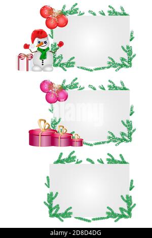 Banderoles Merry Christmas et New Year avec branches de sapin, boules rouges, boîtes-cadeaux et bonhomme de neige.Collection de cadres blancs avec espace de copie.Vector Illustration de Vecteur