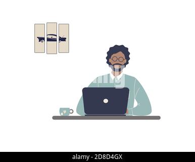 Homme afro-américain tuteur travailler sur ordinateur portable.travail à distance, e-learning à distance ou formation en ligne pendant l'épidémie de virus.entraîneur ou entraîneur lady Illustration de Vecteur