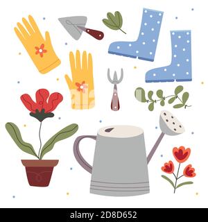 Ensemble d'éléments de jardin. Arrosoir, gants, plantes, bottes en caoutchouc, pelle, râteau. Concept de jardinage. Illustration du livre pour enfants. Affiche mignonne Illustration de Vecteur