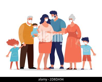 La famille utilise des masques médicaux pour se protéger contre le coronavirus. Femme enceinte avec son mari, ses enfants, ses grands-parents contre la propagation du coronavirus. Illustration vectorielle plate Illustration de Vecteur