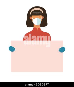 Une femme dans un masque médical et des gants tient une affiche avec un endroit pour le texte. Modèle de conception, épidémie de coronavirus, illustration du concept, protection de la santé. Illustration vectorielle plate Illustration de Vecteur