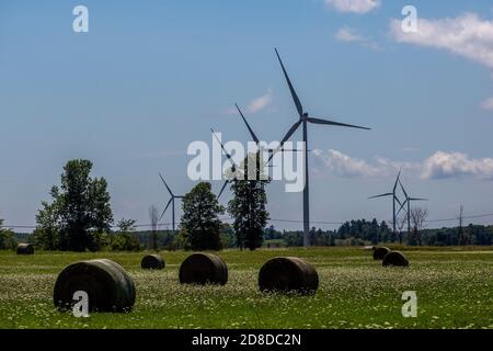 Une éolienne dans un champ de ferme de l'île Amherst, près de Stella (Ontario), le lundi 3 août 2020. Banque D'Images