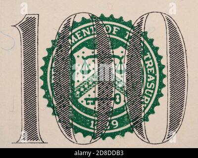 U.S. Treasury Seal sur 100 dollar bill Extreme macro, états-unis argent closeup Banque D'Images