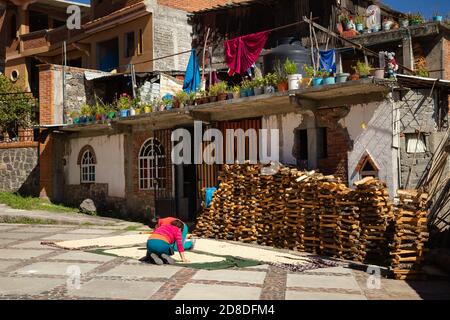 Séchage du grain de maïs au soleil dans un village indien Banque D'Images