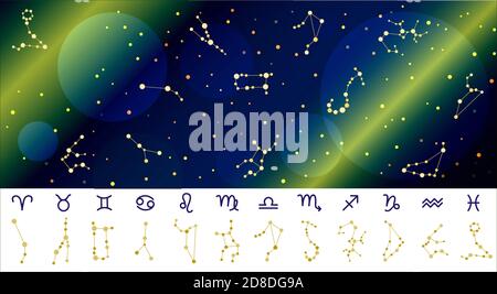 Constellations de l'horoscope avec symboles des signes du zodiaque sur un gradient violet-rose ciel étoilé. Planètes, étoiles et constellations dans l'espace. Télescope pour étudier les étoiles. Illustration vectorielle de l'astrologie et de l'astronomie. Horoscopes vectoriels étoiles brillantes dans cosmos. Illustration de Vecteur