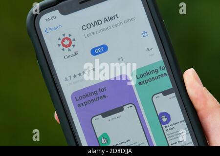 Une personne utilise l'application Covid Alert illustrée sur un téléphone cellulaire à Kingston, en Ontario, le jeudi 27 août 2020. Banque D'Images