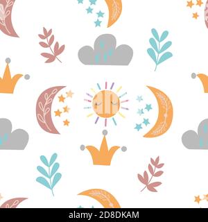 Motif sans couture avec une jolie lune, des nuages, du soleil, des feuilles et des étoiles sur fond blanc, dans des graphiques vectoriels. Pour décorer le papier d'emballage, imprime pour Illustration de Vecteur